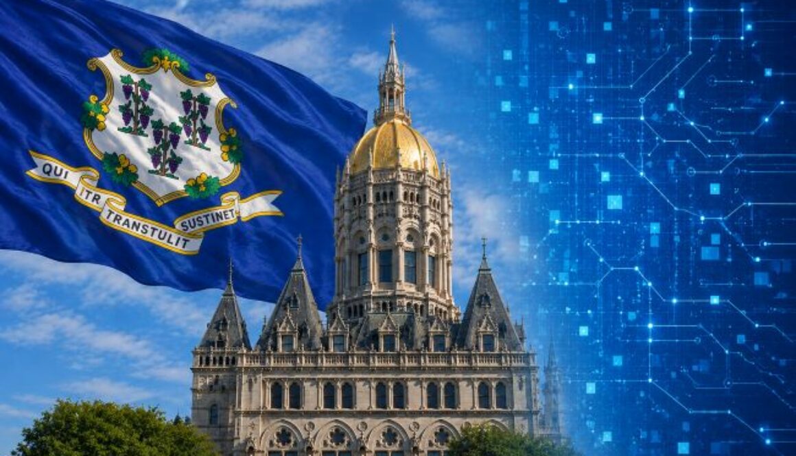 Connecticut state flag and capitol building alongside a digital circuit visualization, accompanying coverage of Connecticut's 2026 comprehensive AI law.