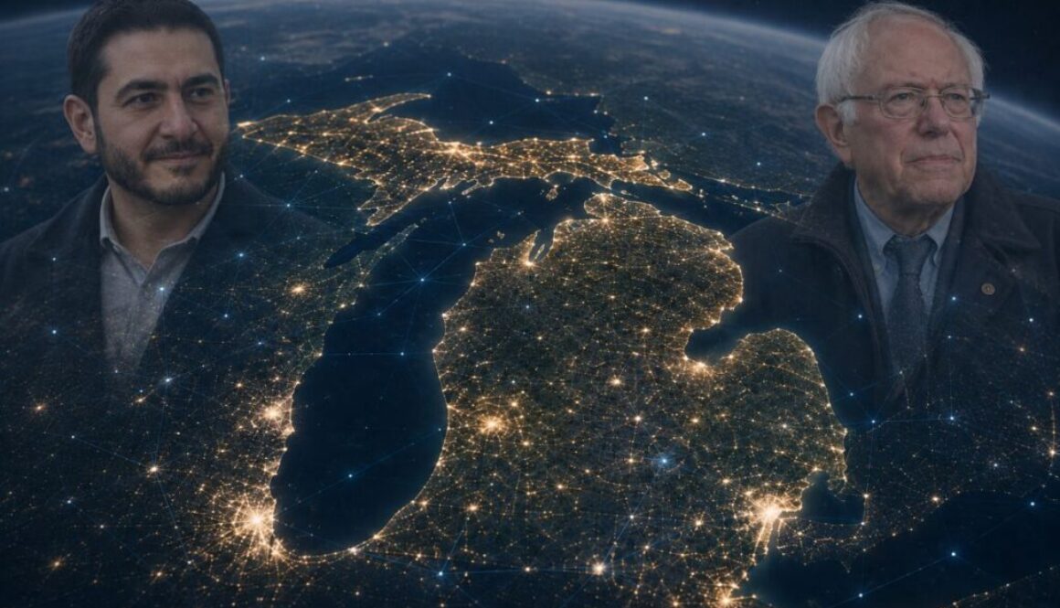 Abdul El-Sayed and Bernie Sanders over a glowing satellite map of Michigan, for El-Sayed's AI platform addressing frontier AI companies.