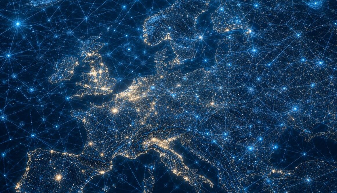 Nighttime satellite view of Europe with data network overlays, illustrating ETSI's new AI computing platforms security standard.
