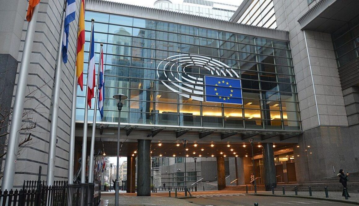 Exterior view of European Parliament building in Brussels with member state flags and EU emblem on the glass facade. Council approved changes to the EU AI Act.