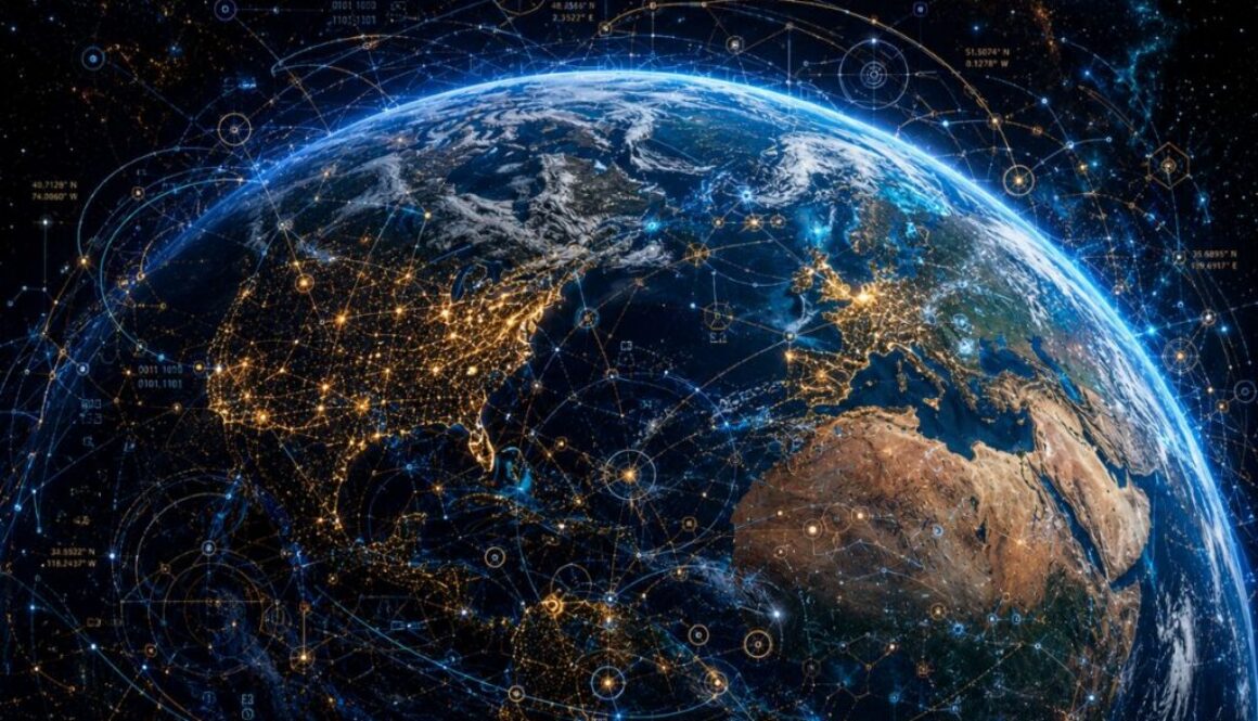 Abstract Earth from space with a digital AI overlay illustrating a Five Eyes warning about frontier AI cyber risks.