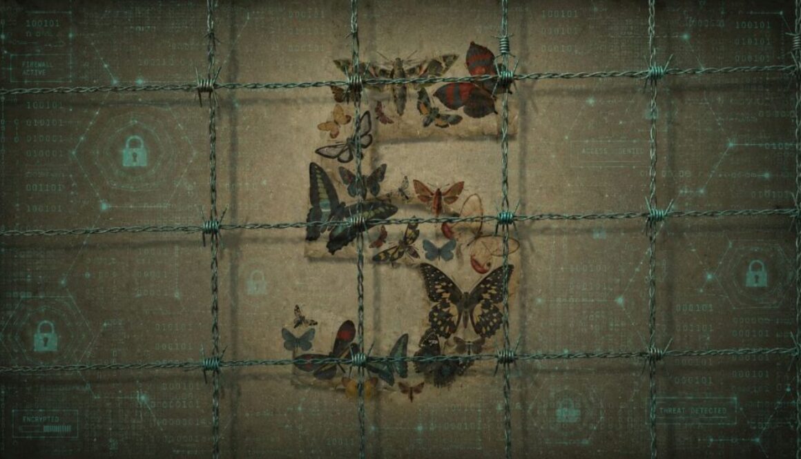 Butterfly and moth specimens forming the numeral five under a cybersecurity grid, for freefable.org's letter to lift the Fable and Mythos ban.