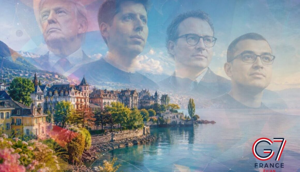 Composite image of Trump and leading AI CEOs above Évian-les-Bains during G7 AI governance discussions.