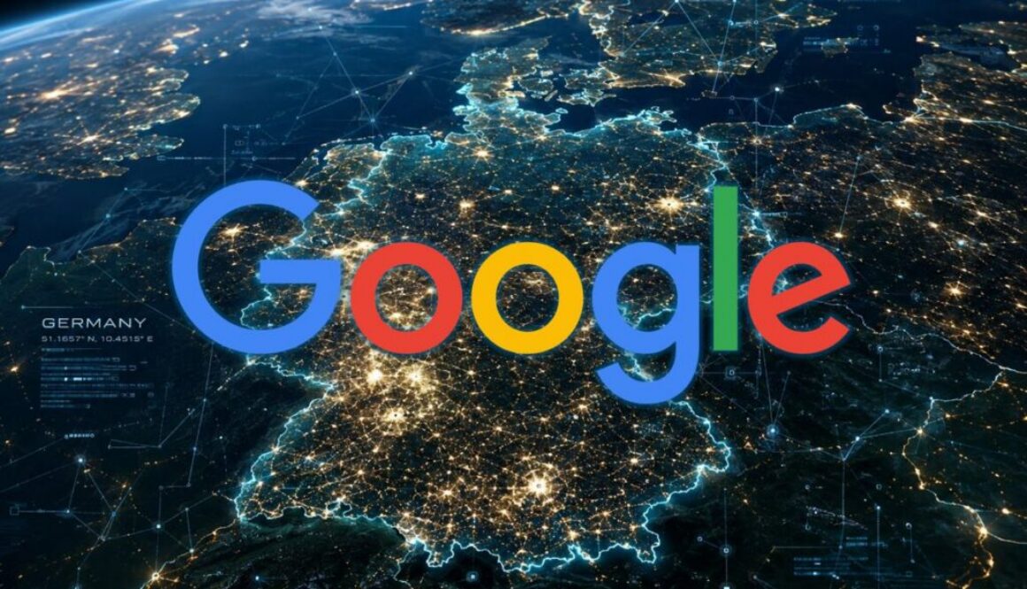 Satellite night view of Germany with Google's colorful logo overlaid, depicting the Munich court ruling on AI Overview defamation.