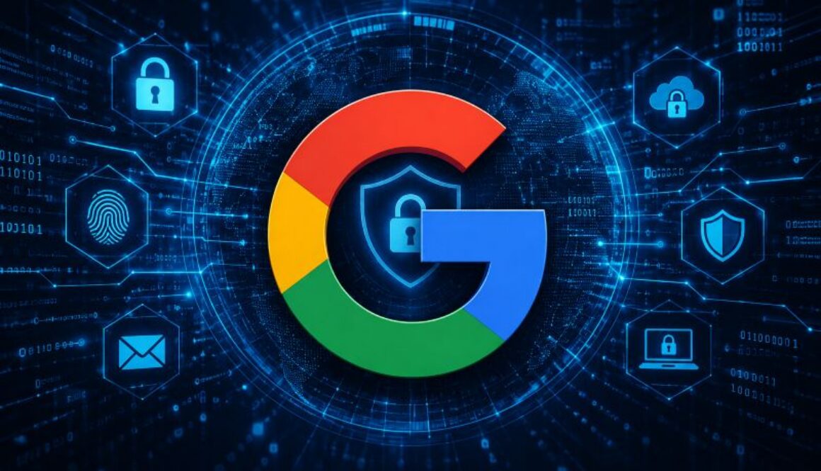 Google G logo with cybersecurity shield and padlock overlay on a blue digital background, illustrating Google's AI Threat Defense platform.
