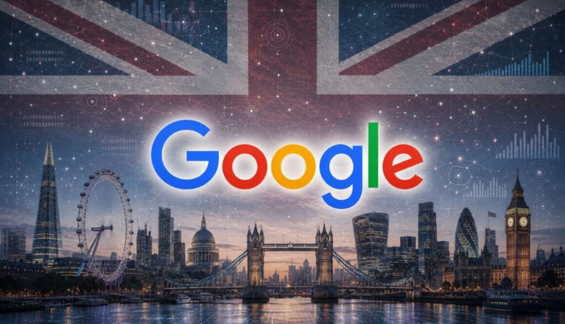 Google logo over London skyline and Union Jack flag, CMA publisher controls on AI search 2026.