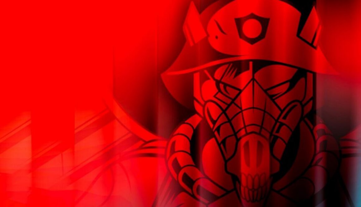 Red illustration of an armored adversary figure with an animal skull face and wide hat, hackers use AI against tech companies