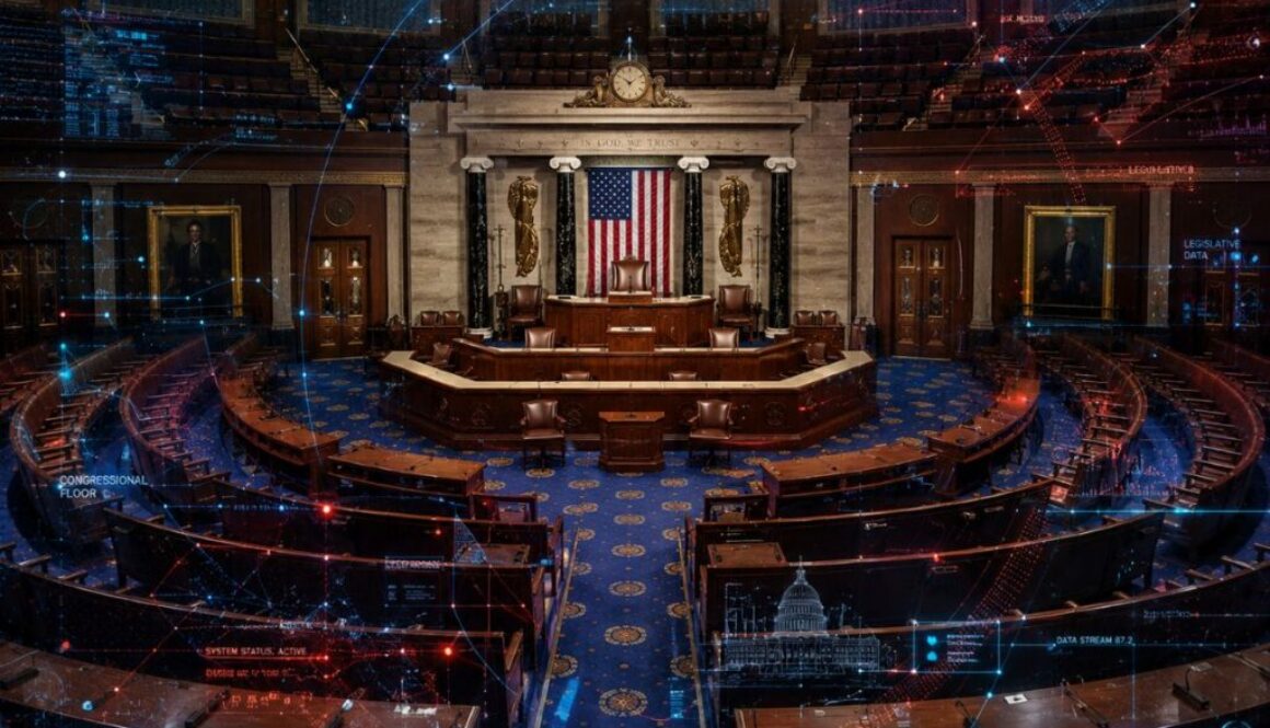 US House chamber floor with AI data network visualization overlay, for coverage of the Sectoral AI Governance Act of 2026.