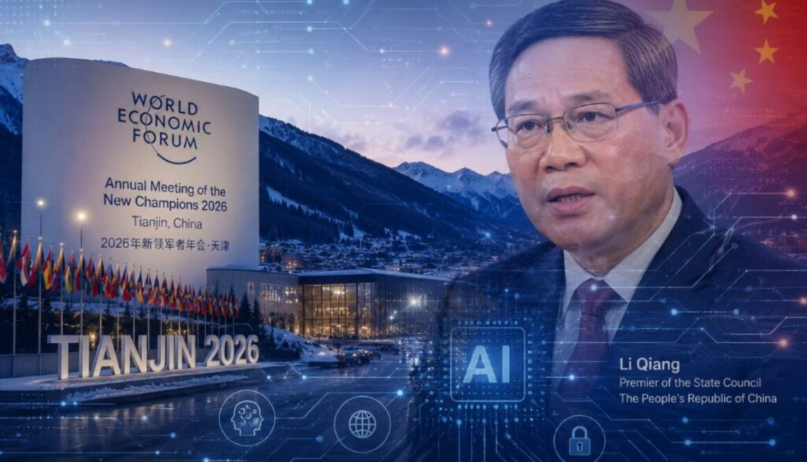 Li Qiang over a Davos-style mountain scene with light AI overlays for China's AI governance warning.