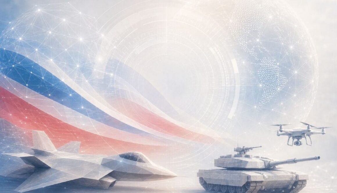 Low-poly stealth aircraft, tank, and drone with US flag colors and globe data network overlay, representing the Secure and Accountable Military AI Act 2026.