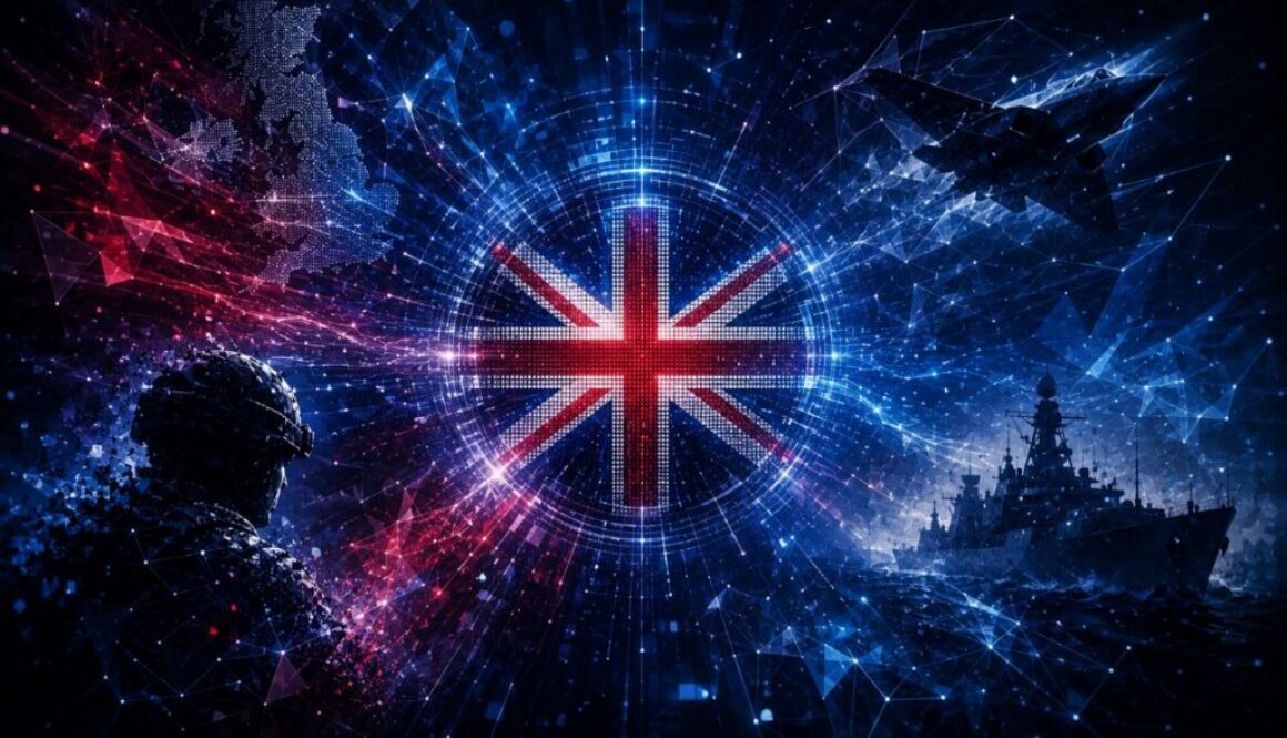 Digital Union Jack with soldier, jet and warship silhouettes in glowing data networks, UK military AI taskforce RAID launch