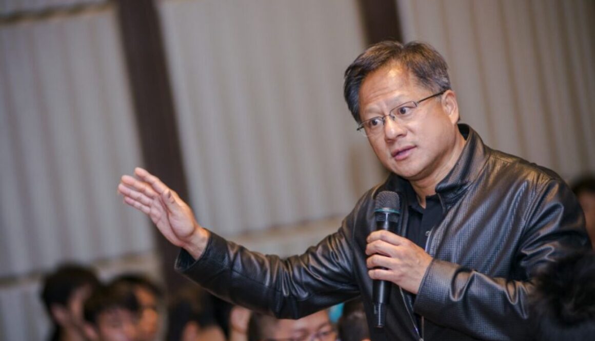Nvidia CEO Jensen Huang speaking onstage for an article about U.S. policy on open-weight AI models.