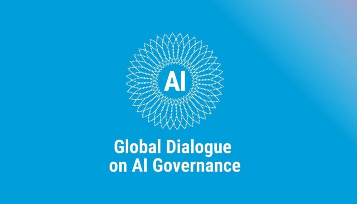 White dotted circular AI emblem on a blue background, the official graphic of the UN Global Dialogue on AI Governance