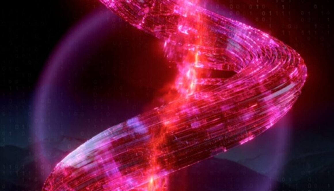 Glowing red spiral of data strands with binary code symbolizing AI carrying out cyberattacks, Check Point AI Security Report 2026