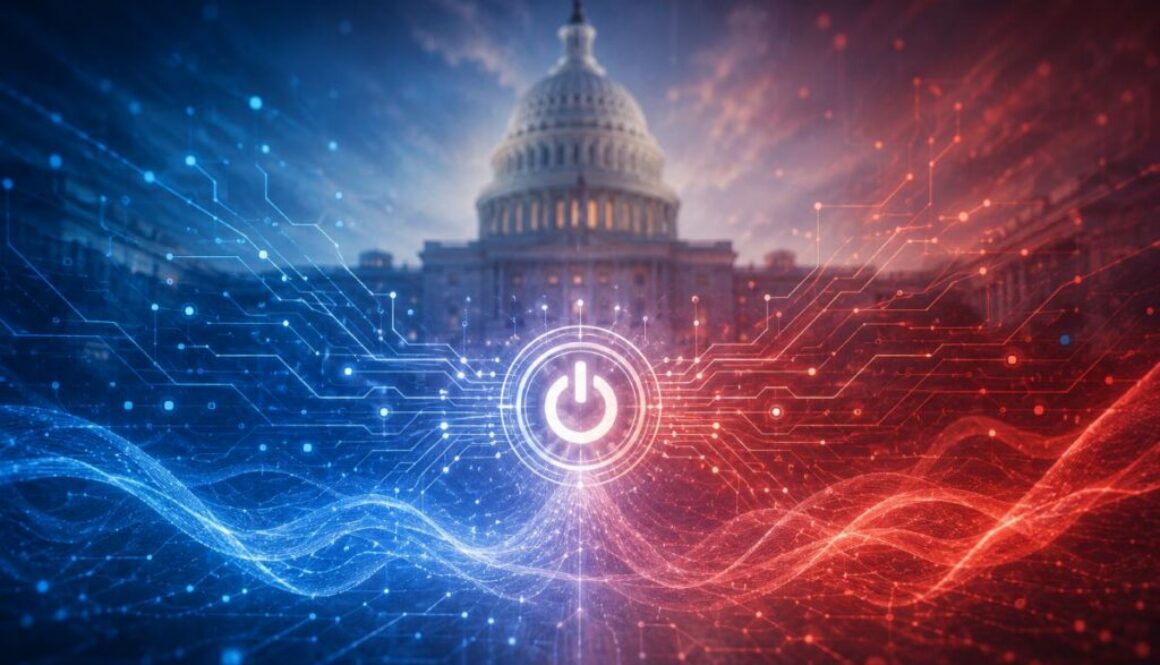 Digital hand reaching toward a glowing control above the Capitol for an article about the AI Kill Switch Act.