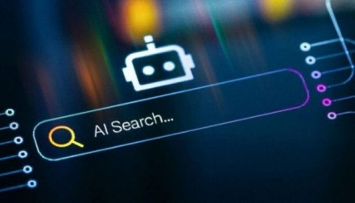 Robot icon above an AI search bar on a dark digital interface, illustrating AI as the top driver of data security decisions.