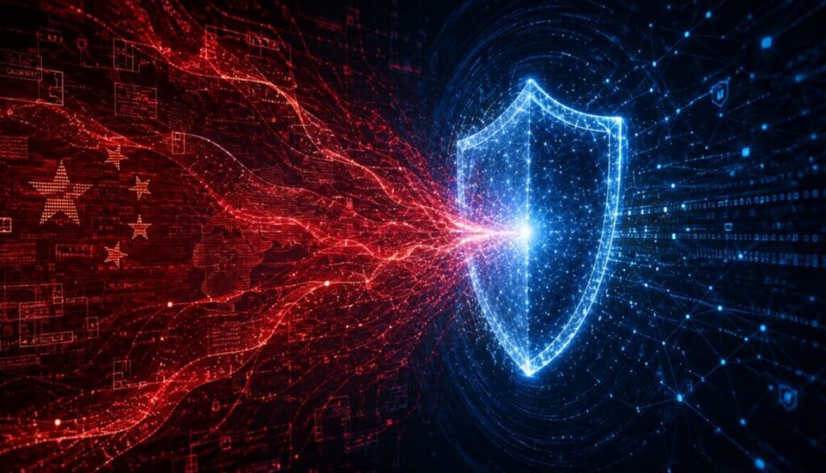 Abstract shield blocks red digital threats in an image illustrating a Chinese AI espionage bill.