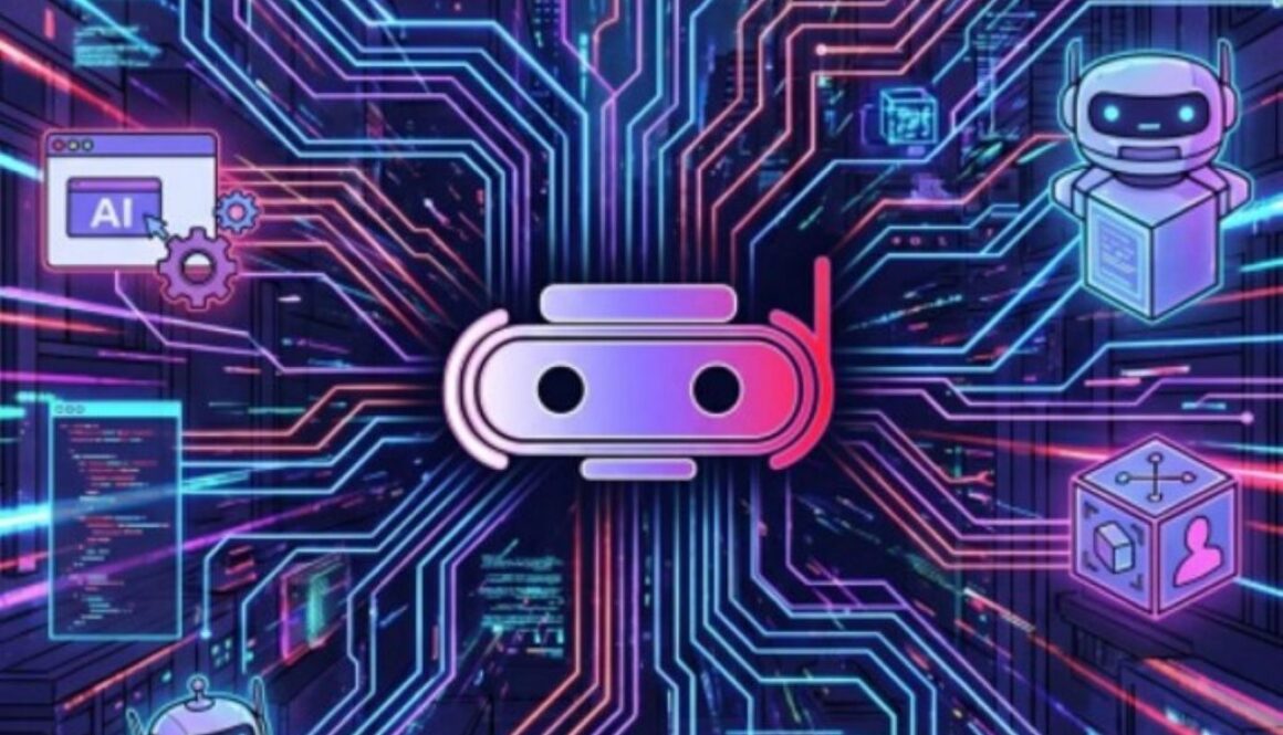 Neon illustration of AI security connected through a complex digital network.