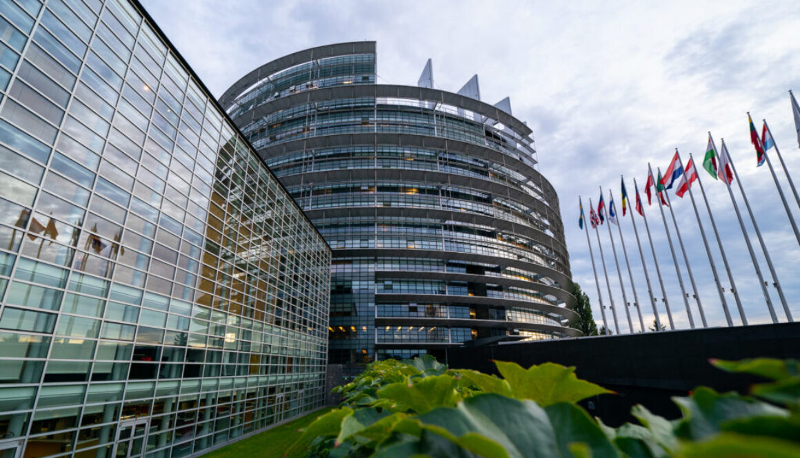 European Parliament building and national flags illustrate EU AI transparency rules taking effect August 2.