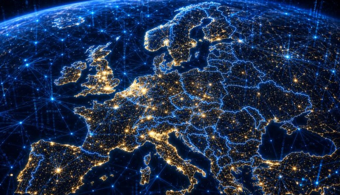 Europe glowing at night beneath a digital network, illustrating concerns about foreign AI dependence.