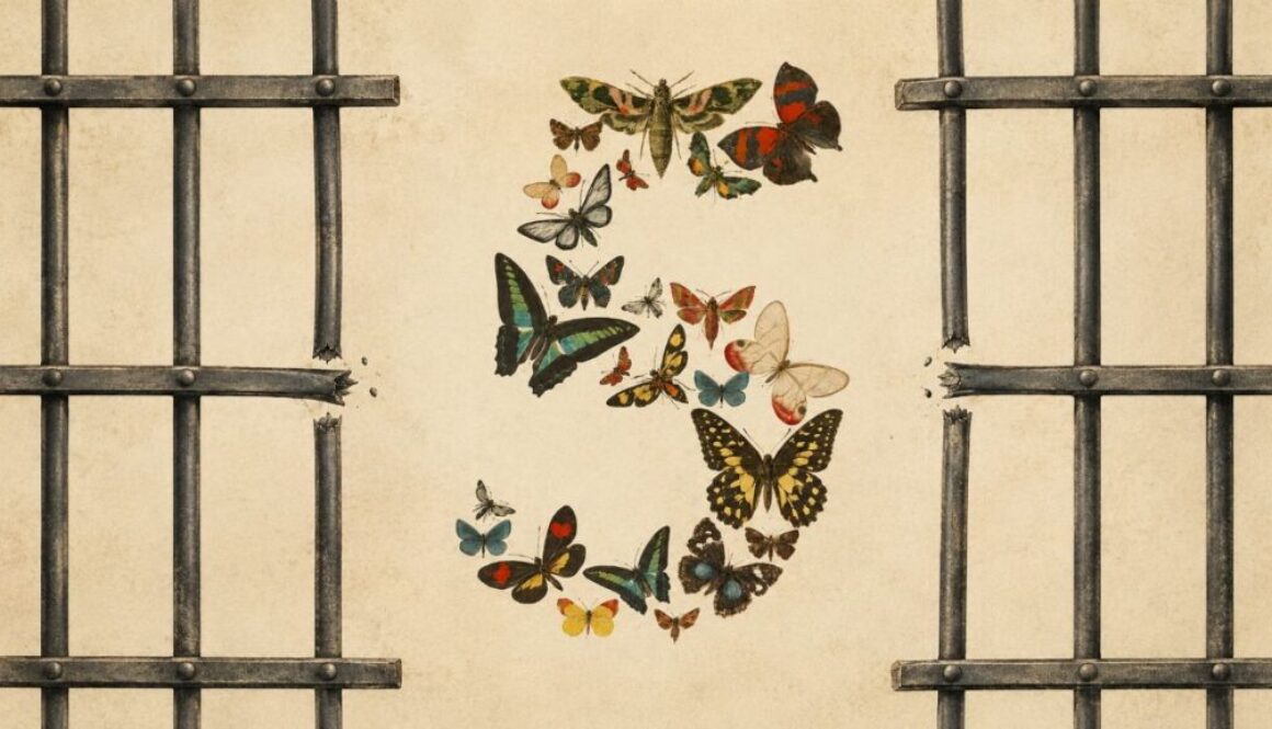 Illustration of butterflies breaking through bent prison bars, symbolizing the lifted restrictions on Fable 5 and Mythos 5.