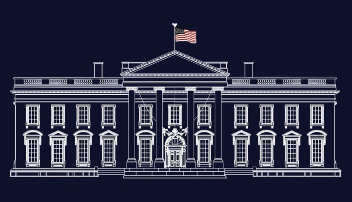 White line drawing of the White House illustrating a plan to rebuild the federal research system around AI.