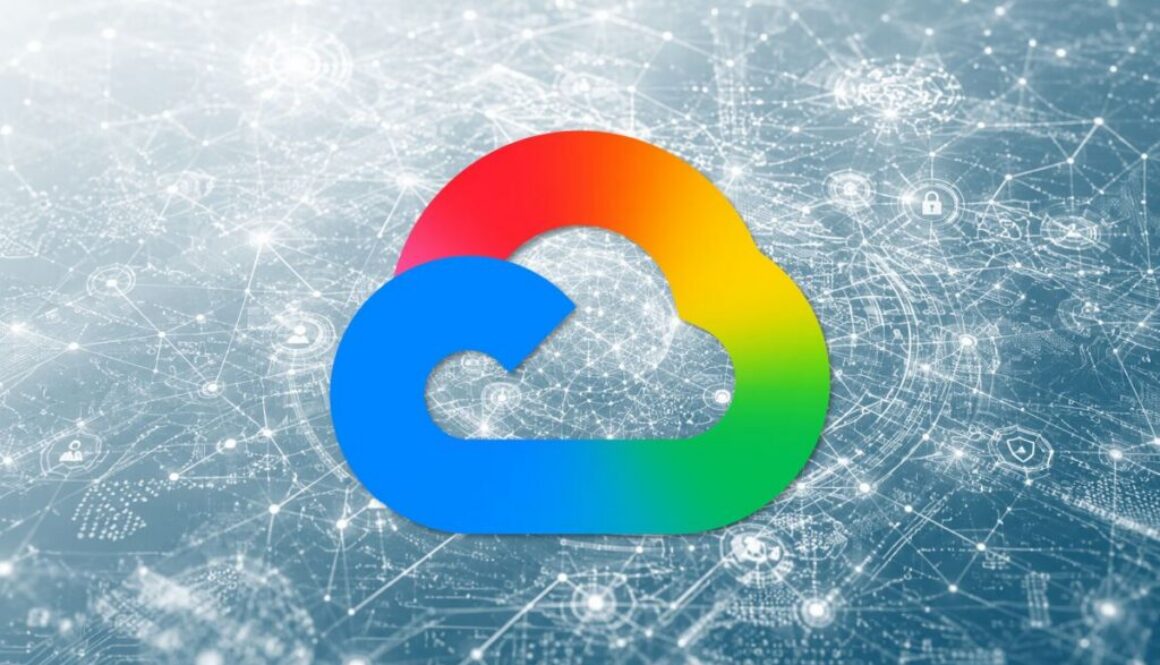 Google Cloud logo over an abstract cybersecurity network for its AI startup accelerator, Gemini Startup Forum.
