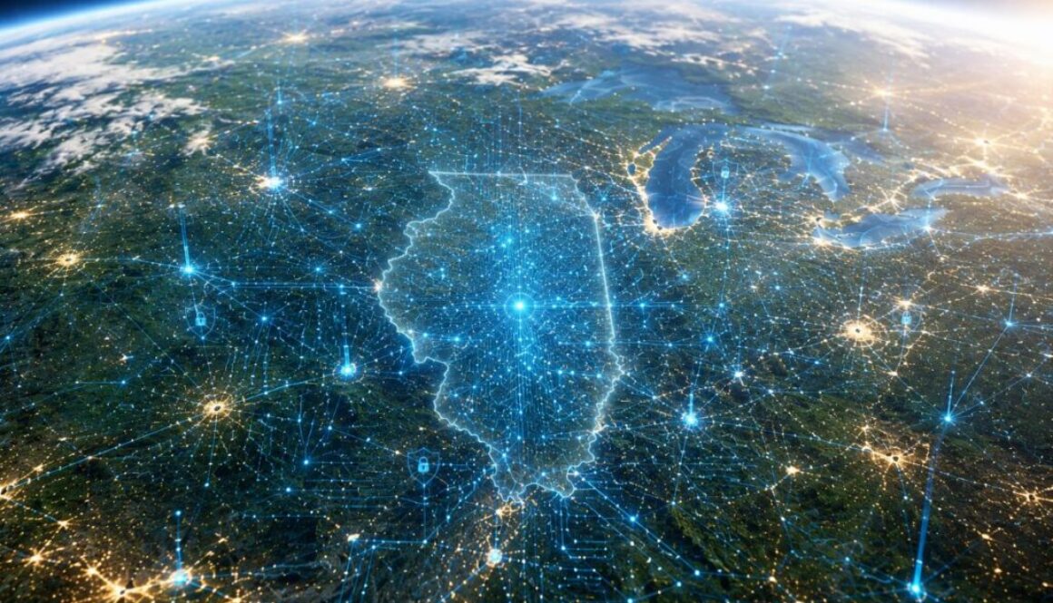 Glowing digital network map of Illinois viewed from space, illustrating the state's new SB 315 AI safety law