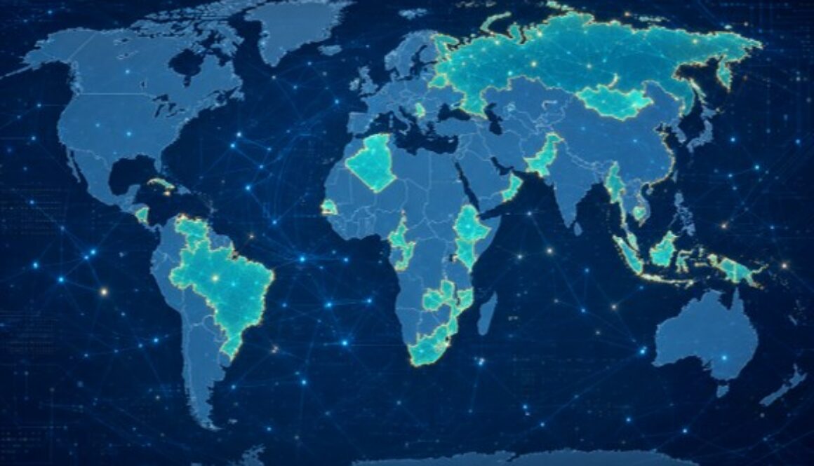 Digital world map with highlighted countries and network links representing the intergovernmental AI organization.