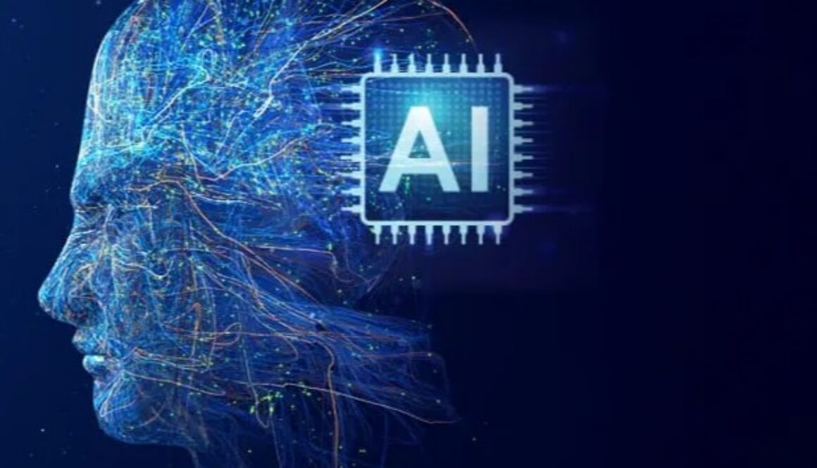 Illustration of a human head in blue neural network lines beside an AI chip, symbolizing enterprise AI governance.