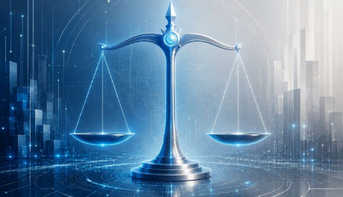 Glowing blue digital scales of justice symbolizing MeetingTV's defamation lawsuit over the Koi Security report