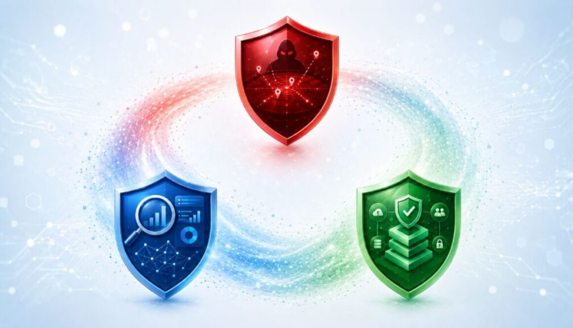 Three red, blue, and green shields connected by data streams represent Microsoft Project Perception cyber agents.