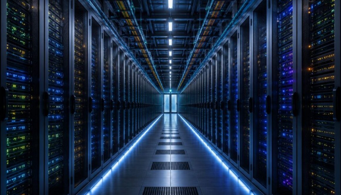 Blue-lit data center corridor lined with server racks, illustrating New York's moratorium on large data centers