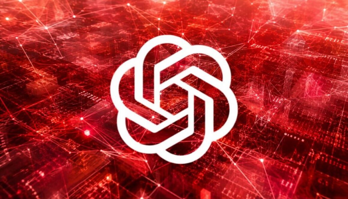 White OpenAI logo over a glowing red network of data lines, illustrating GPT-Red, OpenAI's automated red-teaming system