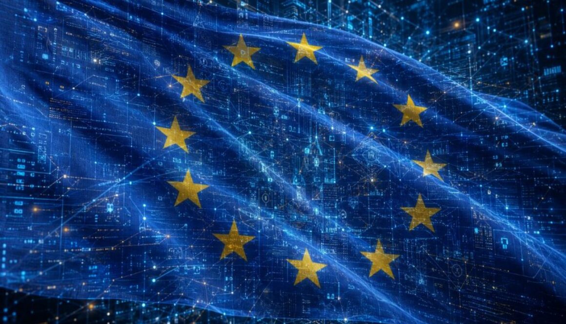 Transparent European Union flag over a layered digital network representing EDPB guidance on public personal data used to train AI.