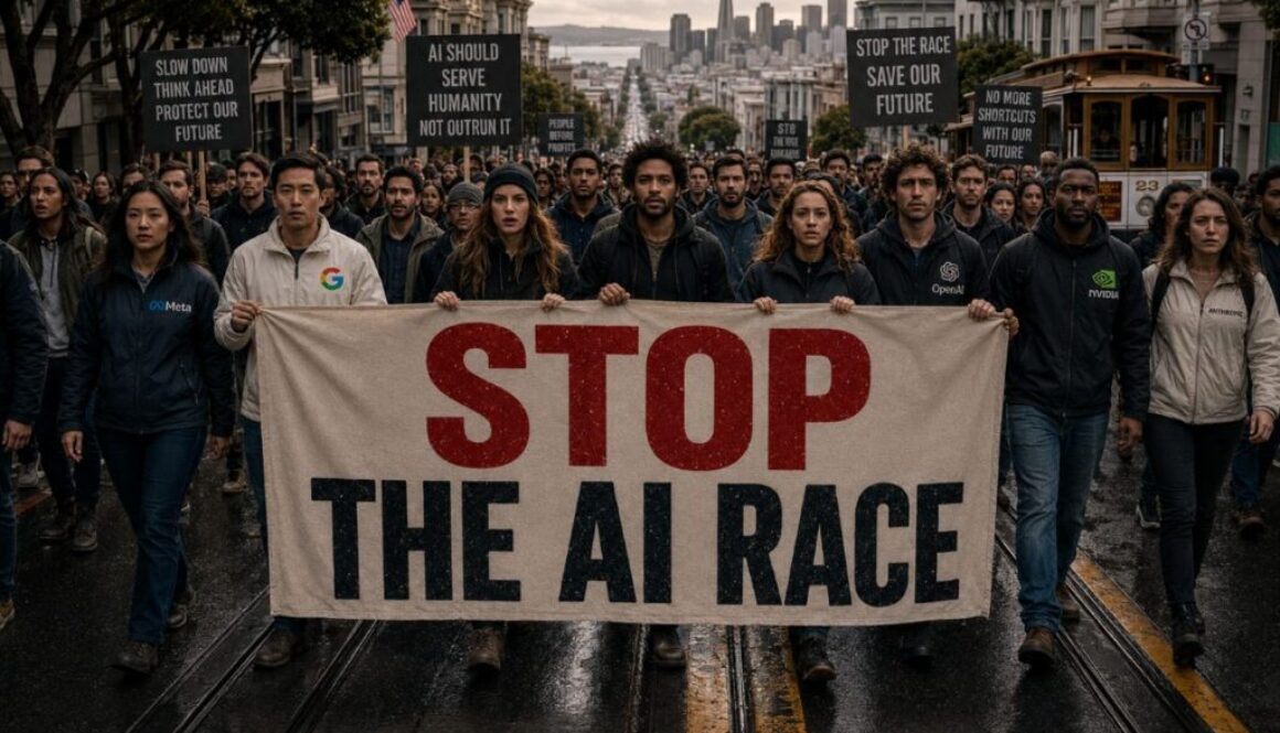 Protesters carry a Stop the AI Race banner during a march about slowing automated AI development.