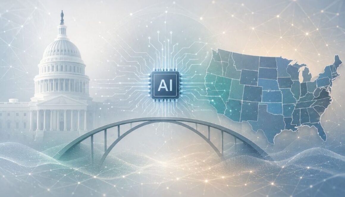 U.S. Capitol, AI chip, and state map joined by a bridge, illustrating the debate over federal preemption of state AI laws.