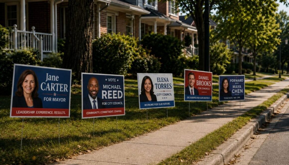 Five candidate lawn signs on a suburban street illustrate election fraud targeted by the AI Ads Act.
