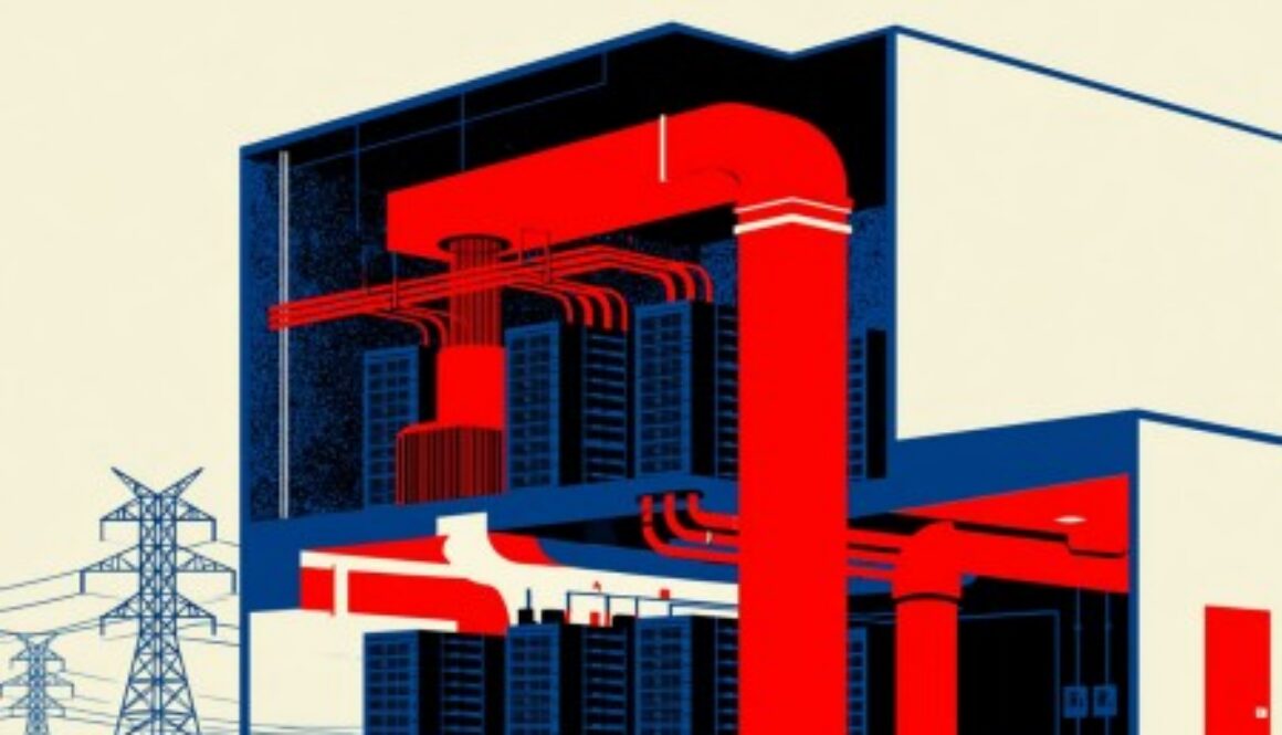 Red and blue cutaway illustration of a data center beside power lines, on AI critical infrastructure designation