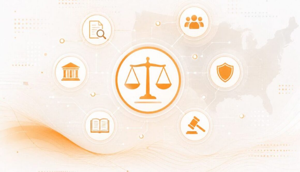 Orange scales of justice, gavel, and courthouse icons linked over a US map, marking an AI legal research benchmark