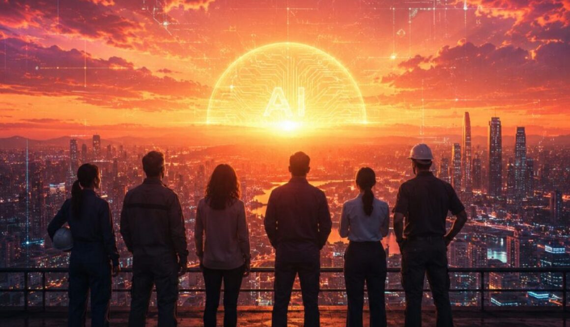 Workers face a circuit-shaped sunset illustrating a proposed AI tax bill and federal jobs program.