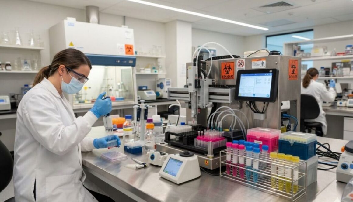 Researcher pipetting beside automated biohazard-labeled lab equipment, illustrating biological attack risk from AI tools