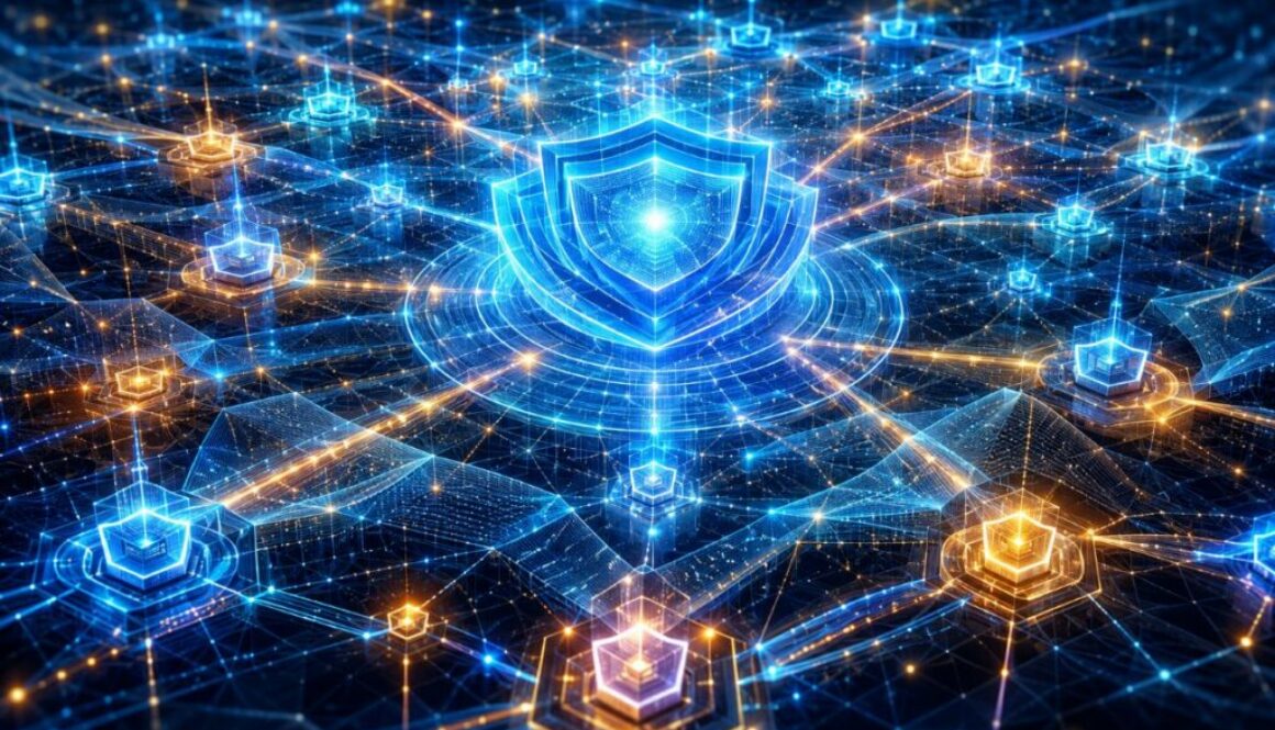 Abstract digital network representing organizations working together on a collective cyber defense effort.