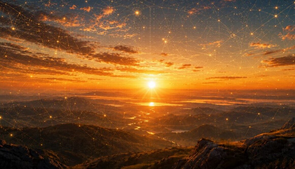 AI-generated sunrise and digital network representing Daybreak Red and GPT-5.6-Cyber security research.