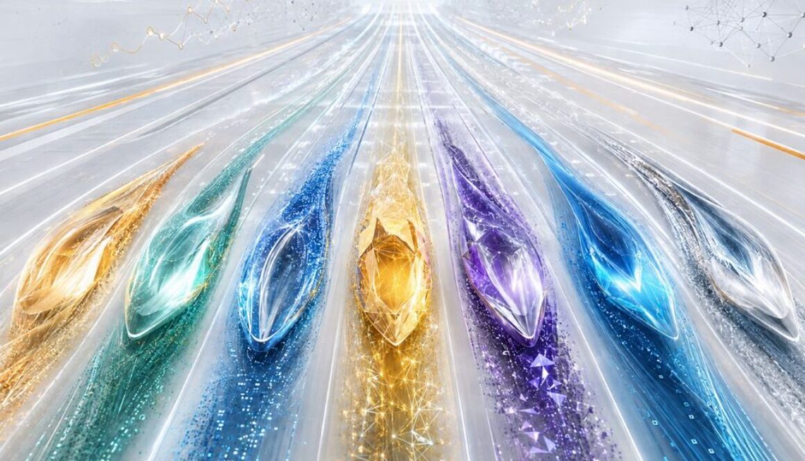 Glowing crystalline racing pods streak down bright lanes, illustrating DeepSeek V4 Pro leading Aikido's AI model test