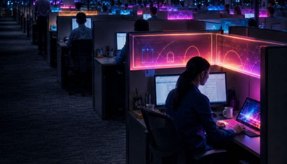 Employees work at computers with glowing security graphics, illustrating fake AI software malware attacks.
