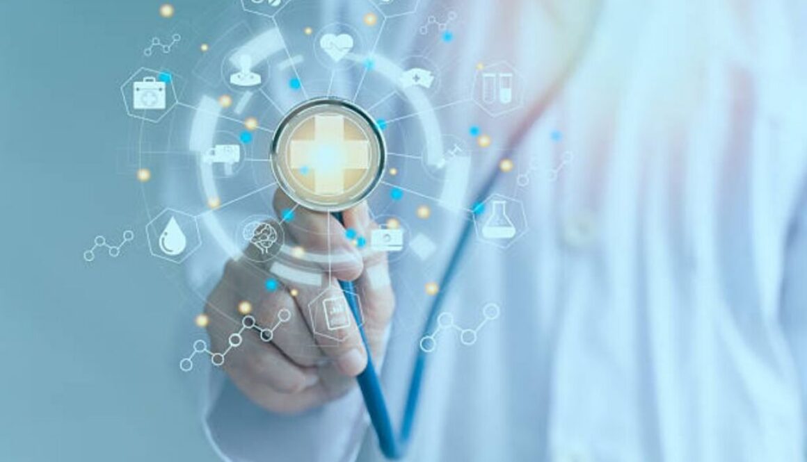 Doctor holding a stethoscope before a glowing ring of digital health icons, FDA generative AI medical devices review