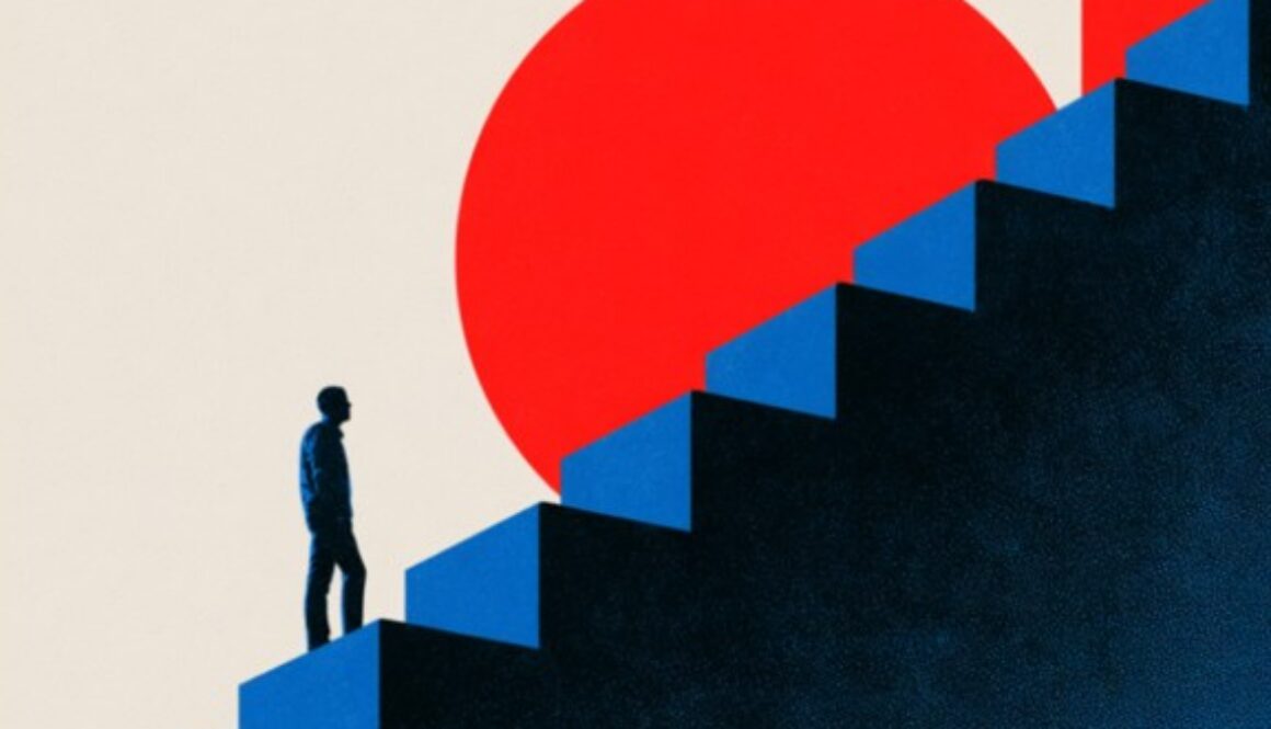 Person climbing blue steps toward a red sun on the cover of ARI's federal AI safety rules proposal.