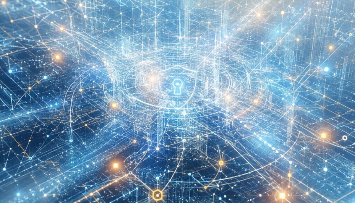 Glowing blue digital network with a keyhole inside a shield at the center, illustrating a held-back AI model, GLM-5.3, with vulnerability discovery ability