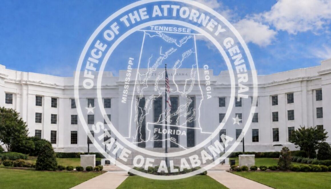 The Alabama attorney general's office with the state seal overlaid, the office investigating the Hugging Face break-in